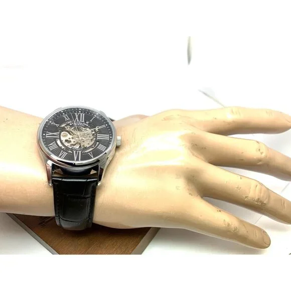 Stuhrling Mens Watch 3942 Automatic Skeleton Dial Silver Black Leather Band 42mm
